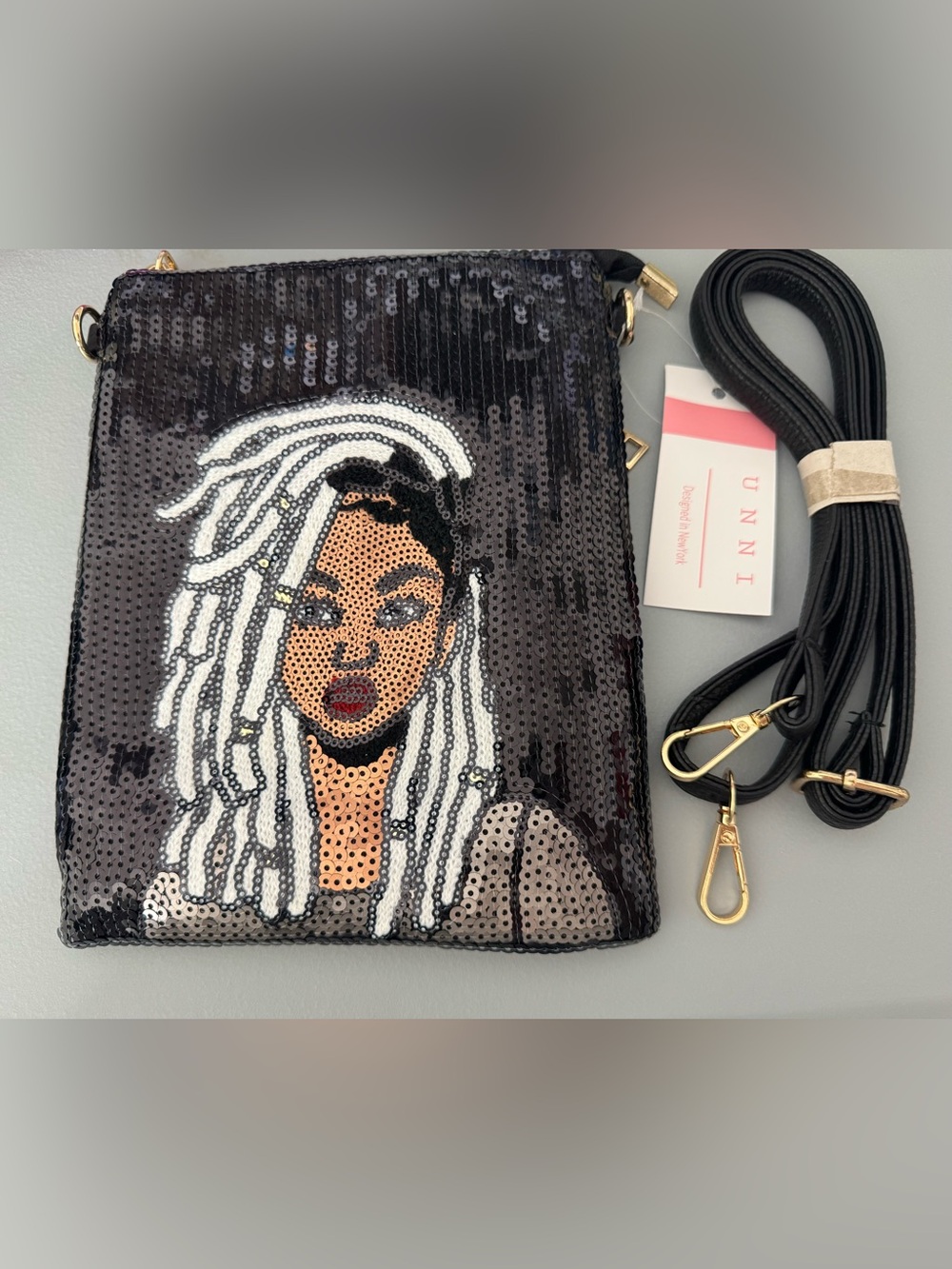 Black Sequin Crossbody Bag with Artistic Portrait cultural